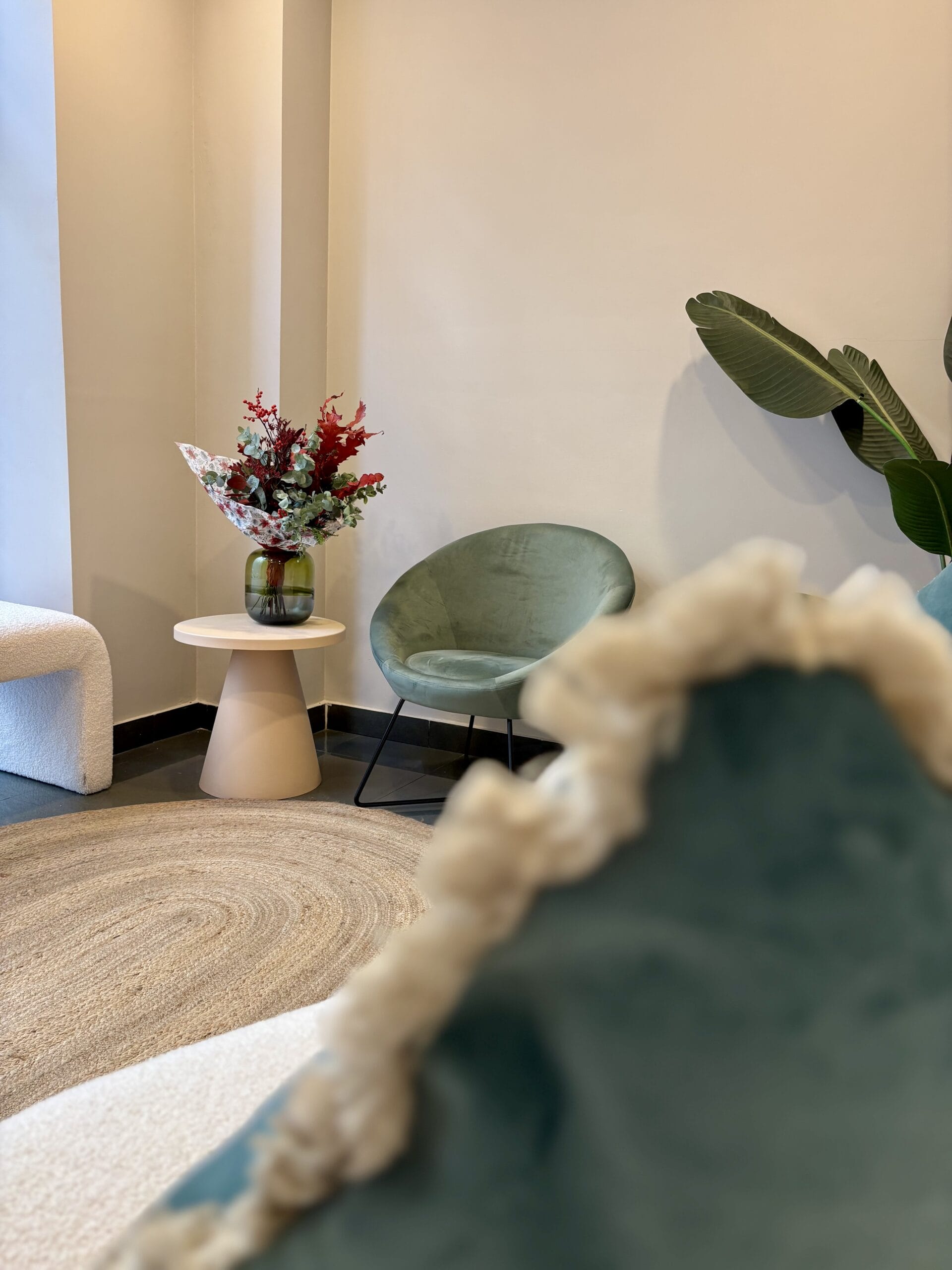 Zona de espera de Clínica Jovellanos en Gijón, un espacio cálido y cuidado para la atención al paciente